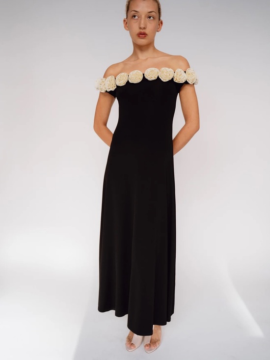 Mr. Larkin Dresses & Skirts - Off-Shoulder Black Maxi Dress with Cream Rose Trim